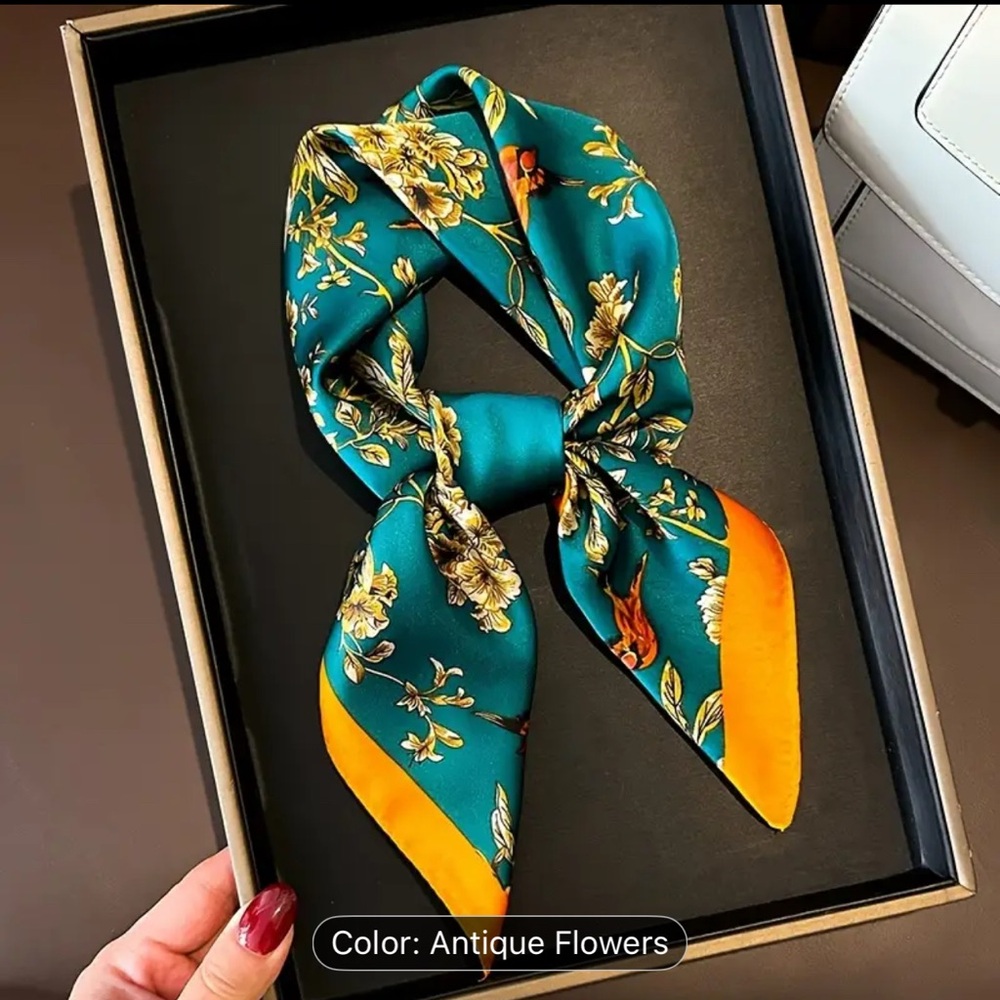 Floral Silk Scarf - Teal and Orange